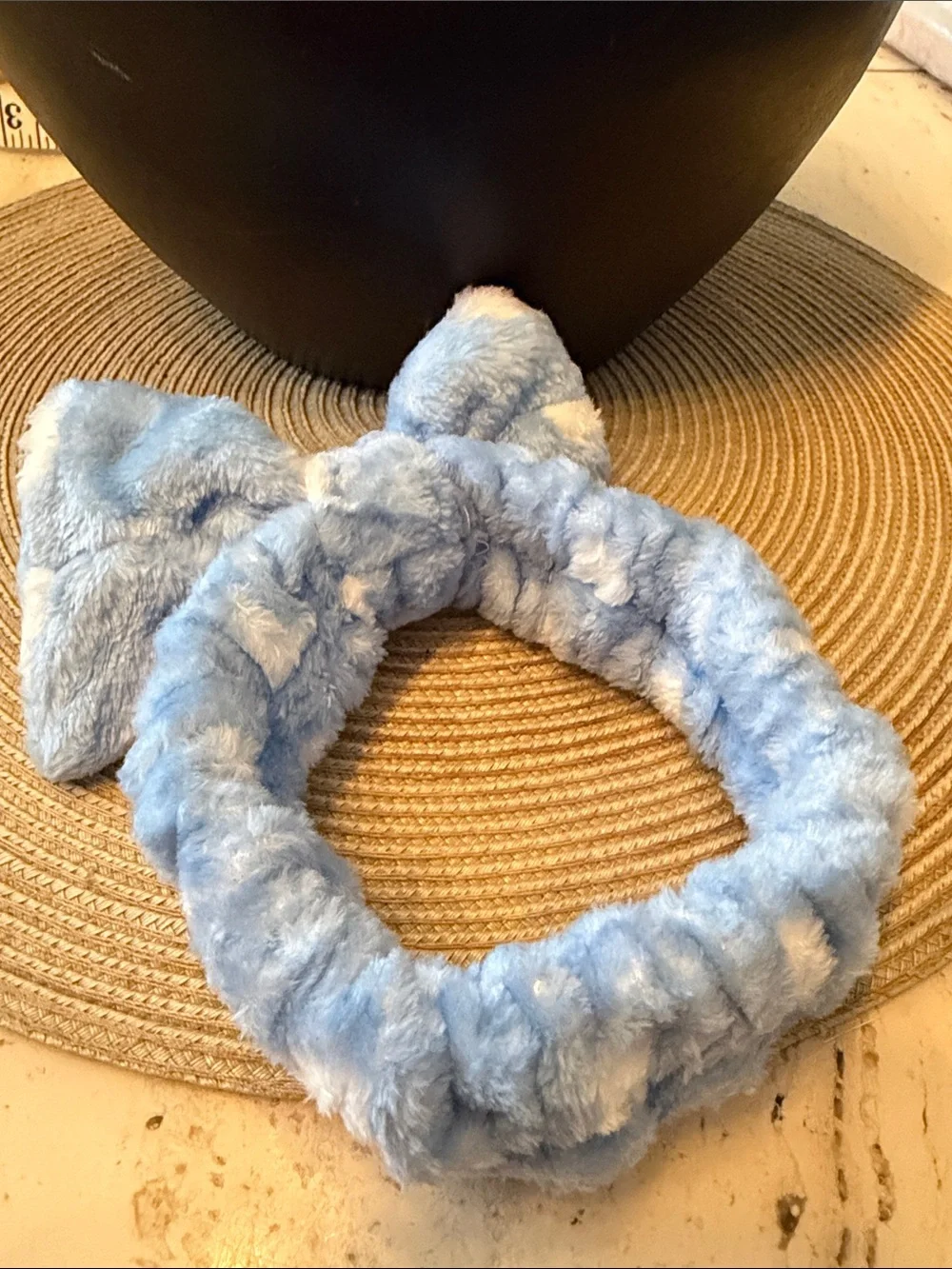 NWOT Plush Soft Light Blue Bow Headband for Kids W/White Clouds Print 4